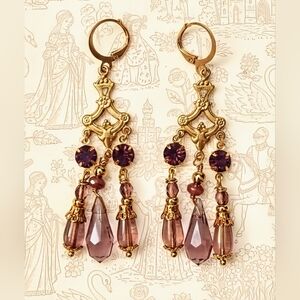 Victorian Amethyst Opal Crystal & Glass In Gold Plated Chandelier Earrings